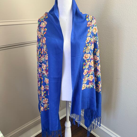 Embroidered Floral Royal Blue Shawl Wrap with Fringe Vibrant Boho Festival - Picture 4 of 9